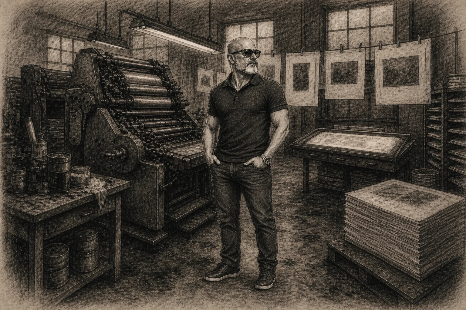 Print and artwork in the Kendal studio: cards, banners and signage being made