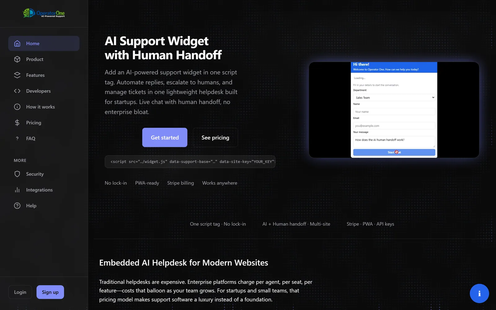 Operator One: AI support widget with human handoff, tickets and a one-line script tag for any site