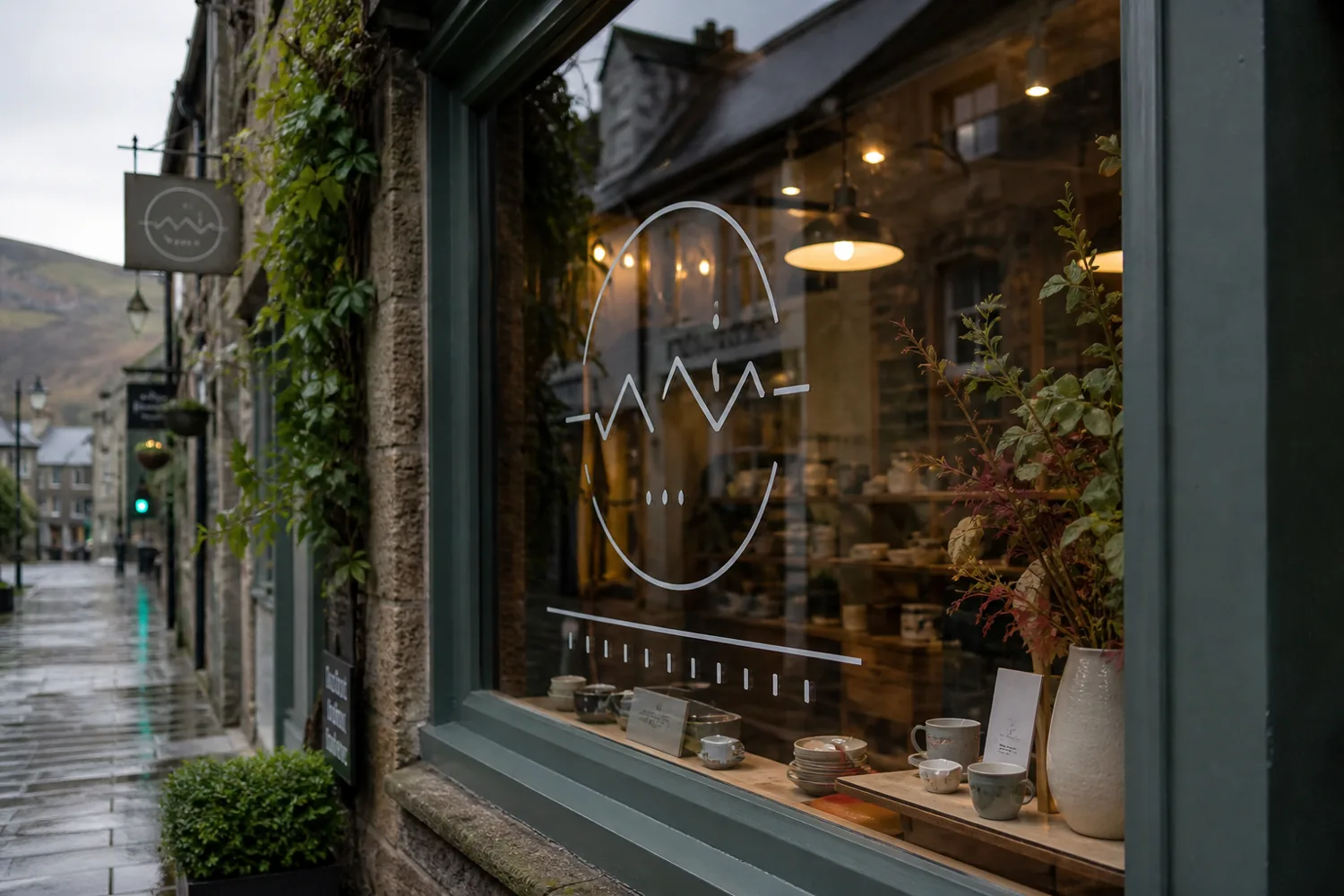 Cumbrian shop front with white cut vinyl lettering applied to the window glass