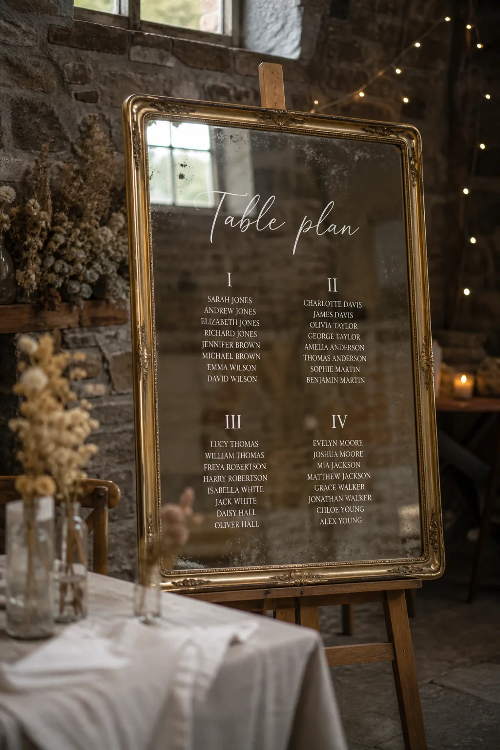 Gold-framed mirror with a white vinyl wedding table plan in a stone barn