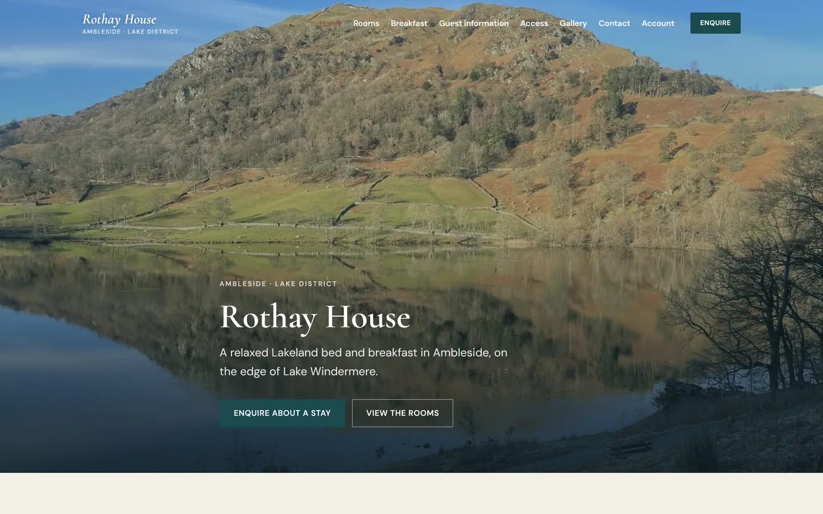 Rothay House bed and breakfast website, Ambleside, with a Lake District mountain reflected in still water