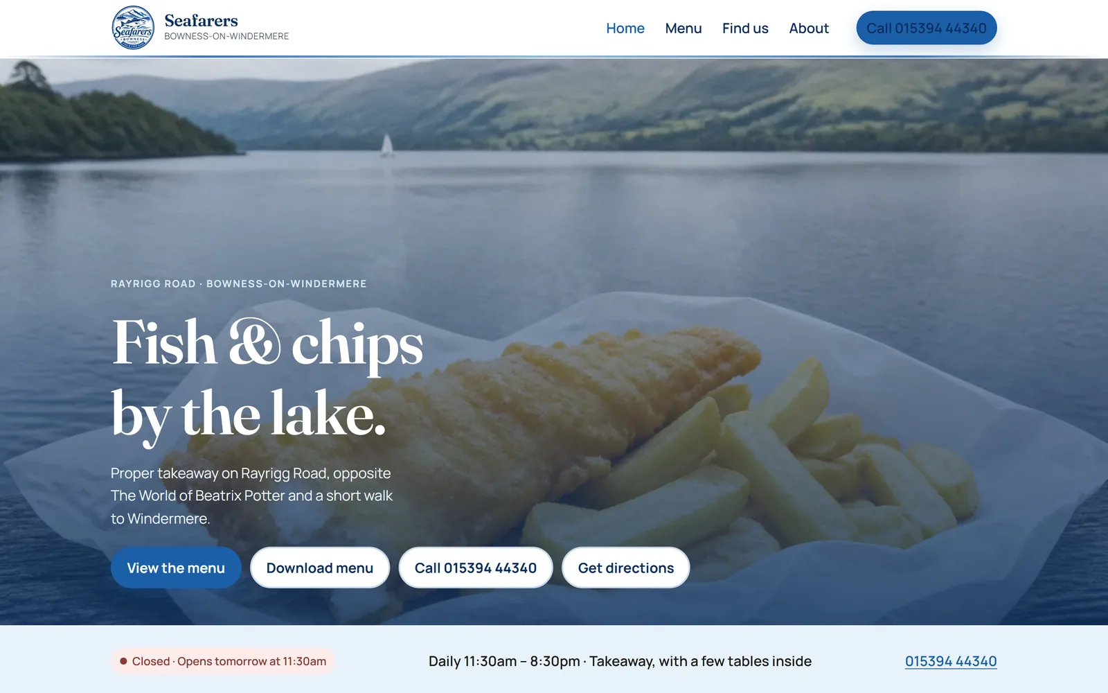 Seafarers fish and chips website in Bowness-on-Windermere, with the lake behind a takeaway parcel
